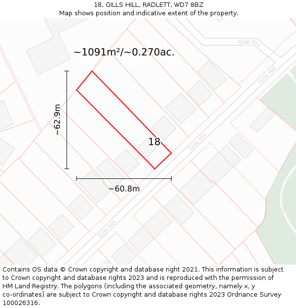 18, GILLS HILL, RADLETT, WD7 8BZ: Plot and title map