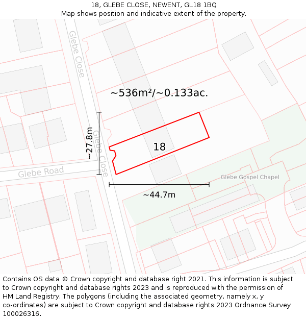 18, GLEBE CLOSE, NEWENT, GL18 1BQ: Plot and title map