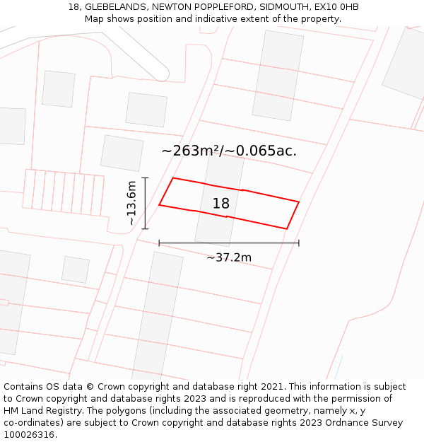 18, GLEBELANDS, NEWTON POPPLEFORD, SIDMOUTH, EX10 0HB: Plot and title map