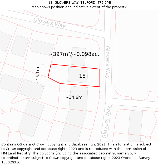18, GLOVERS WAY, TELFORD, TF5 0PE: Plot and title map