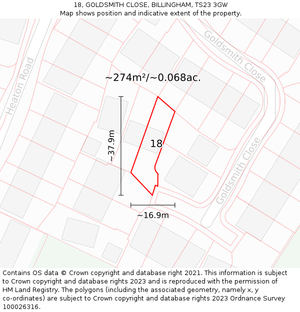 18, GOLDSMITH CLOSE, BILLINGHAM, TS23 3GW: Plot and title map