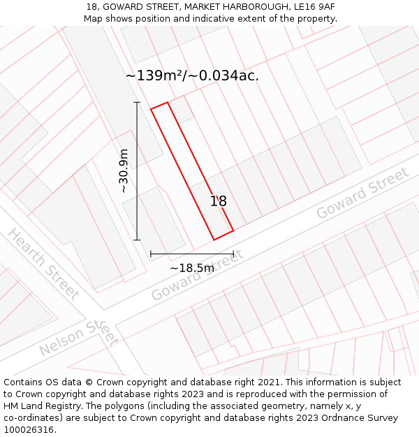 18, GOWARD STREET, MARKET HARBOROUGH, LE16 9AF: Plot and title map