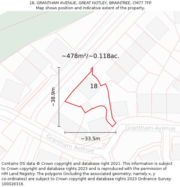 18, GRANTHAM AVENUE, GREAT NOTLEY, BRAINTREE, CM77 7FP: Plot and title map