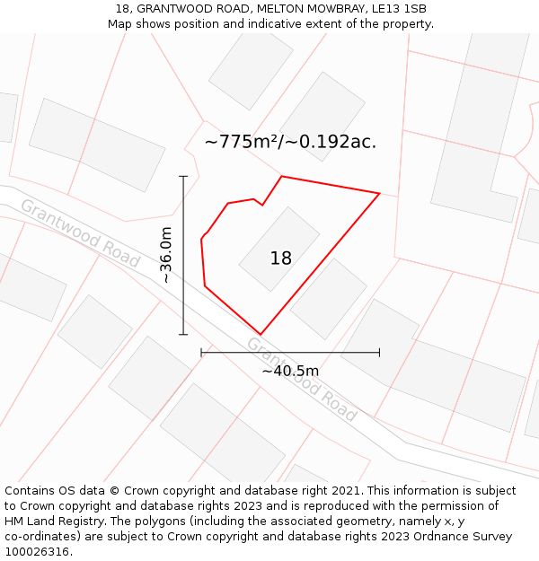 18, GRANTWOOD ROAD, MELTON MOWBRAY, LE13 1SB: Plot and title map