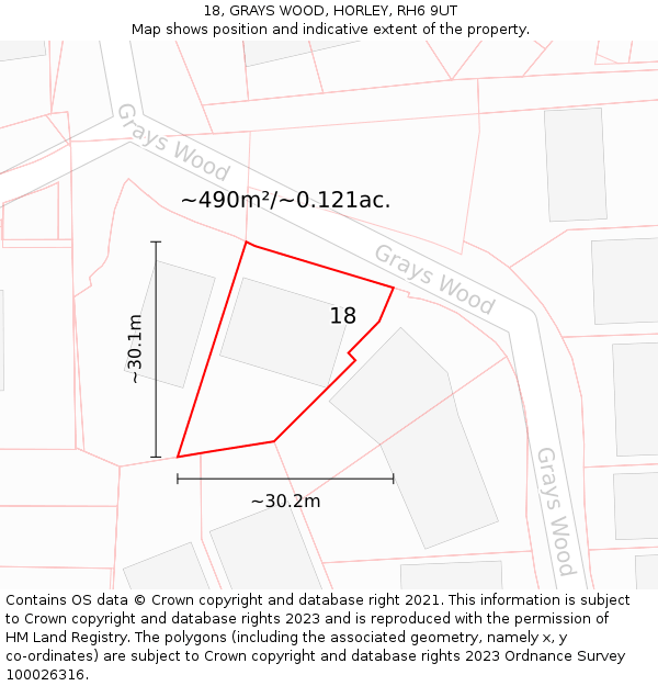 18, GRAYS WOOD, HORLEY, RH6 9UT: Plot and title map