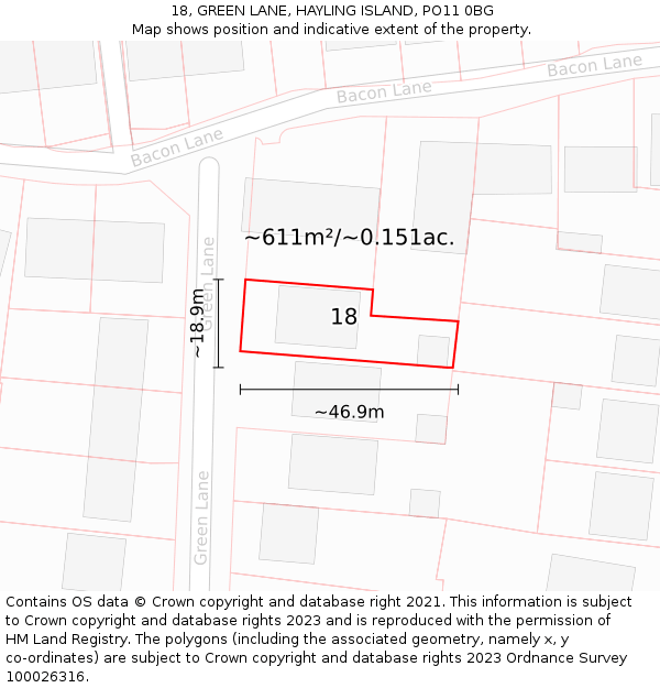 18, GREEN LANE, HAYLING ISLAND, PO11 0BG: Plot and title map