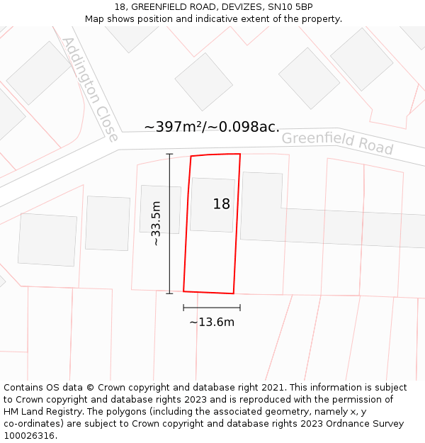 18, GREENFIELD ROAD, DEVIZES, SN10 5BP: Plot and title map