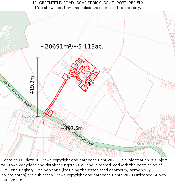 18, GREENFIELD ROAD, SCARISBRICK, SOUTHPORT, PR8 5LX: Plot and title map