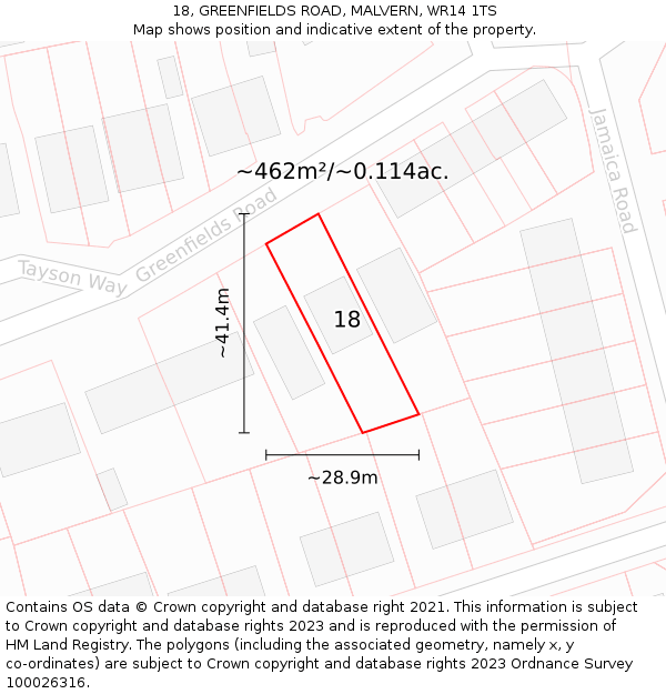 18, GREENFIELDS ROAD, MALVERN, WR14 1TS: Plot and title map