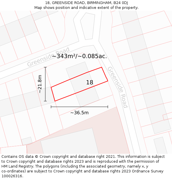 18, GREENSIDE ROAD, BIRMINGHAM, B24 0DJ: Plot and title map