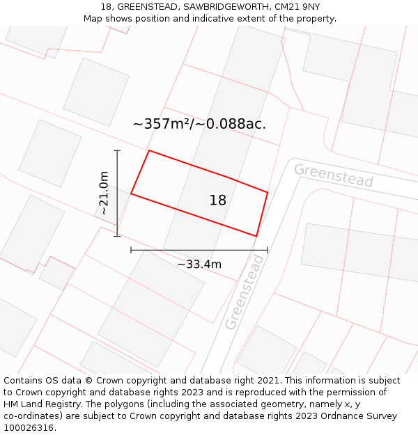 18, GREENSTEAD, SAWBRIDGEWORTH, CM21 9NY: Plot and title map