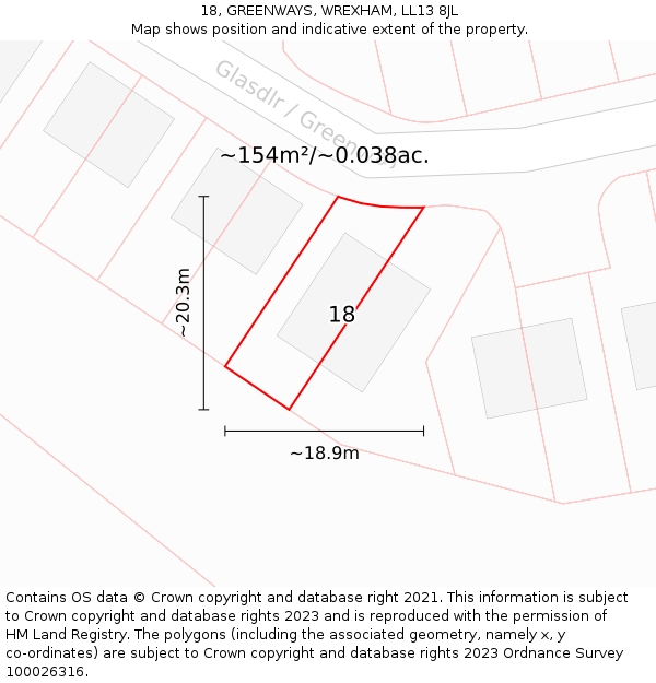 18, GREENWAYS, WREXHAM, LL13 8JL: Plot and title map