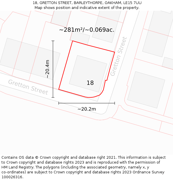 18, GRETTON STREET, BARLEYTHORPE, OAKHAM, LE15 7UU: Plot and title map