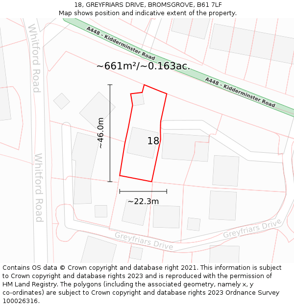 18, GREYFRIARS DRIVE, BROMSGROVE, B61 7LF: Plot and title map