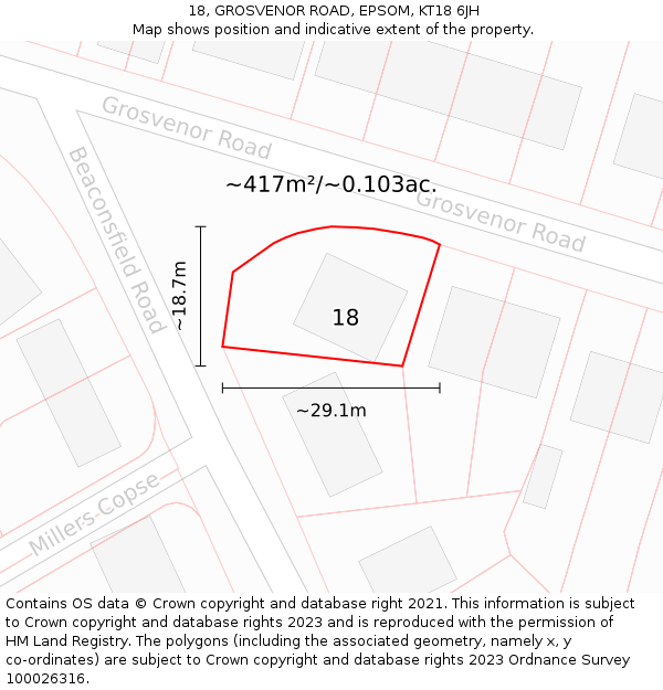 18, GROSVENOR ROAD, EPSOM, KT18 6JH: Plot and title map