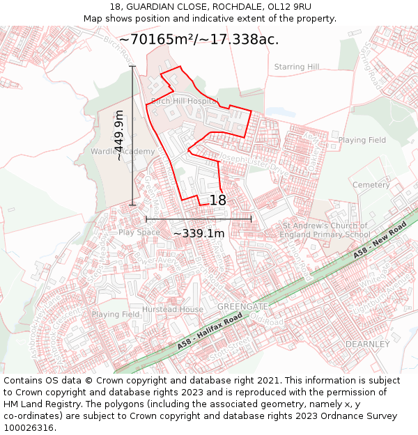 18, GUARDIAN CLOSE, ROCHDALE, OL12 9RU: Plot and title map