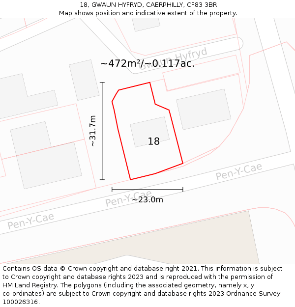 18, GWAUN HYFRYD, CAERPHILLY, CF83 3BR: Plot and title map