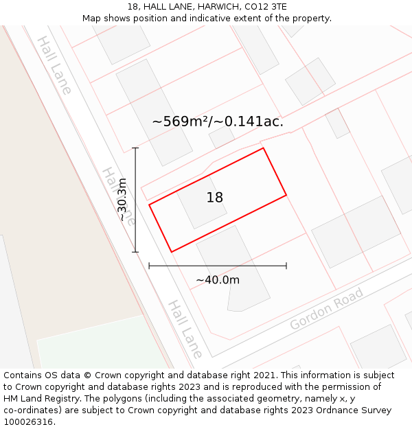 18, HALL LANE, HARWICH, CO12 3TE: Plot and title map