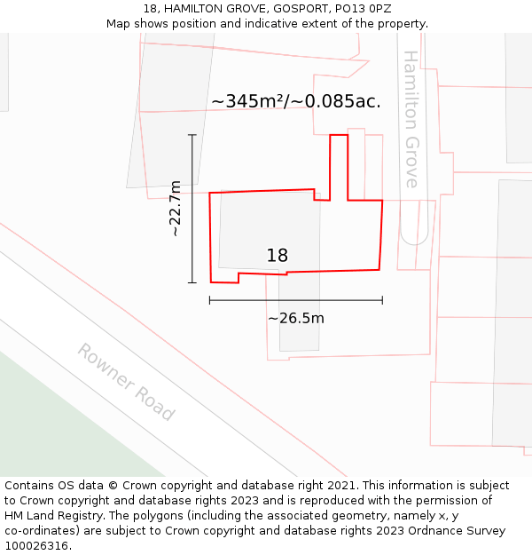 18, HAMILTON GROVE, GOSPORT, PO13 0PZ: Plot and title map