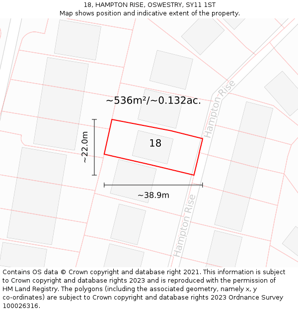 18, HAMPTON RISE, OSWESTRY, SY11 1ST: Plot and title map