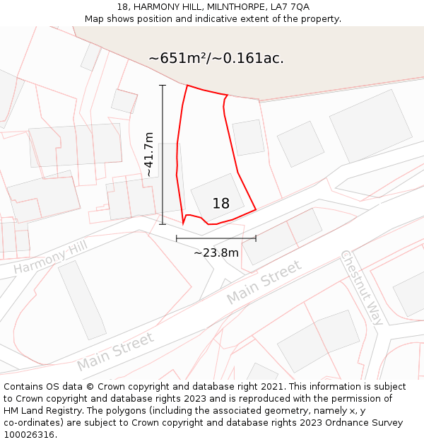 18, HARMONY HILL, MILNTHORPE, LA7 7QA: Plot and title map