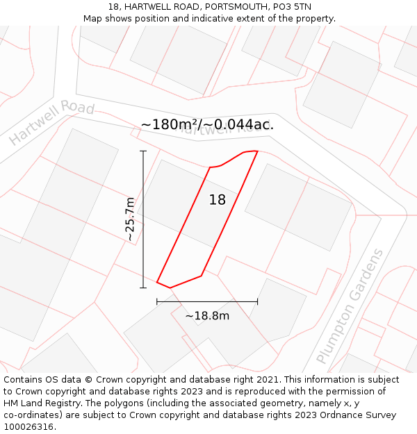 18, HARTWELL ROAD, PORTSMOUTH, PO3 5TN: Plot and title map
