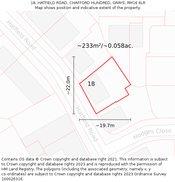 18, HATFIELD ROAD, CHAFFORD HUNDRED, GRAYS, RM16 6LR: Plot and title map