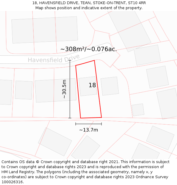 18, HAVENSFIELD DRIVE, TEAN, STOKE-ON-TRENT, ST10 4RR: Plot and title map