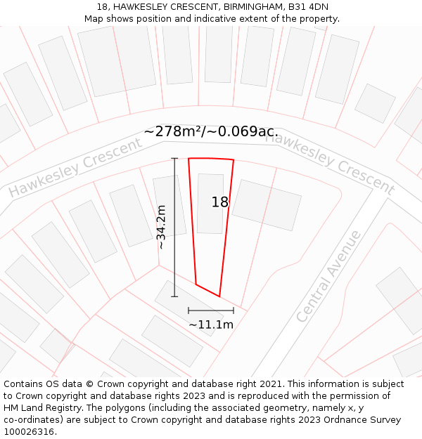 18, HAWKESLEY CRESCENT, BIRMINGHAM, B31 4DN: Plot and title map