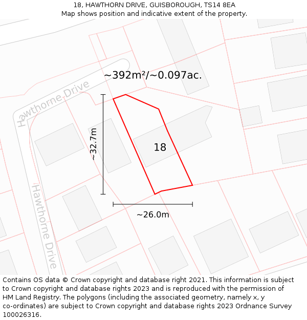 18, HAWTHORN DRIVE, GUISBOROUGH, TS14 8EA: Plot and title map