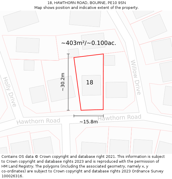 18, HAWTHORN ROAD, BOURNE, PE10 9SN: Plot and title map