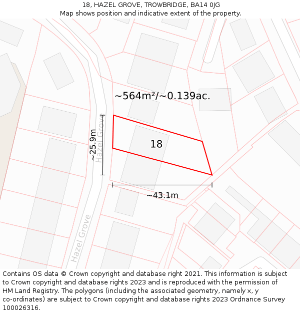 18, HAZEL GROVE, TROWBRIDGE, BA14 0JG: Plot and title map