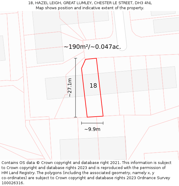 18, HAZEL LEIGH, GREAT LUMLEY, CHESTER LE STREET, DH3 4NL: Plot and title map