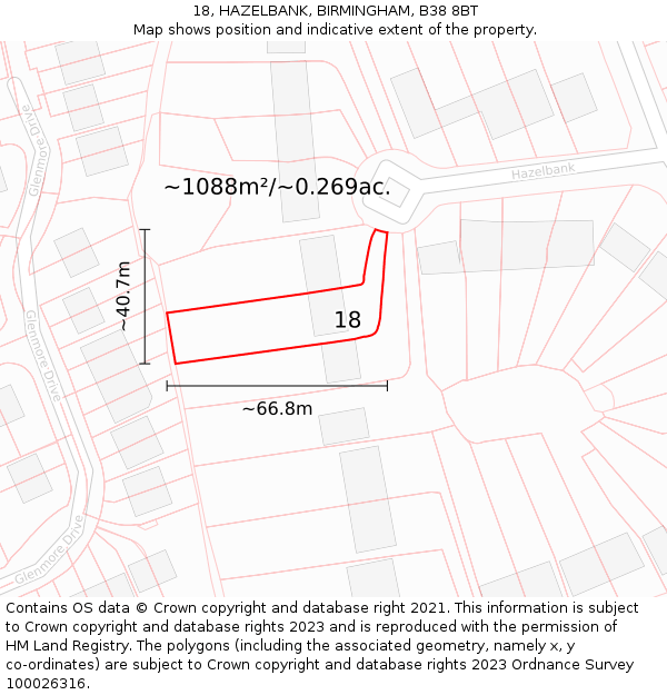 18, HAZELBANK, BIRMINGHAM, B38 8BT: Plot and title map