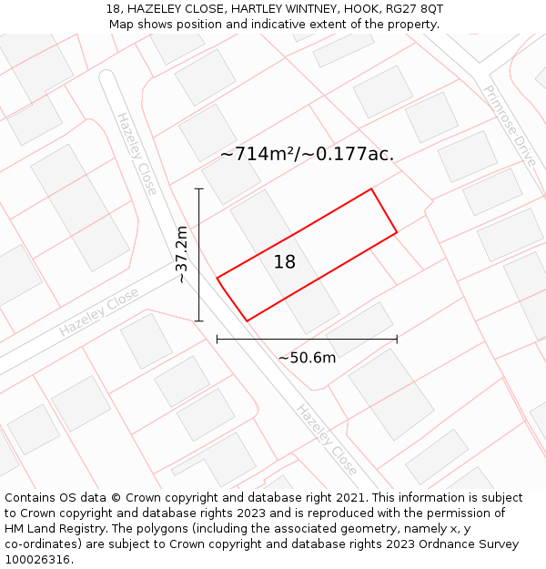18, HAZELEY CLOSE, HARTLEY WINTNEY, HOOK, RG27 8QT: Plot and title map