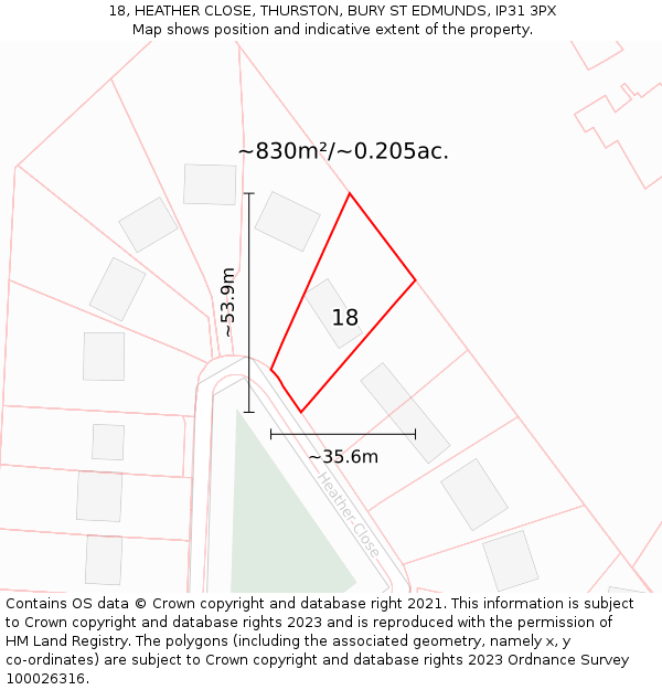 18, HEATHER CLOSE, THURSTON, BURY ST EDMUNDS, IP31 3PX: Plot and title map