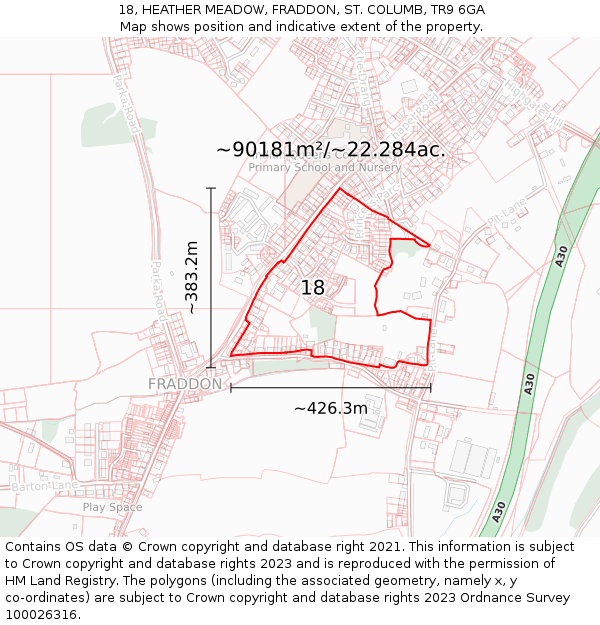 18, HEATHER MEADOW, FRADDON, ST. COLUMB, TR9 6GA: Plot and title map