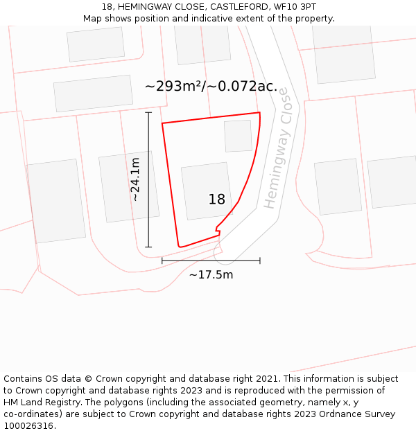 18, HEMINGWAY CLOSE, CASTLEFORD, WF10 3PT: Plot and title map