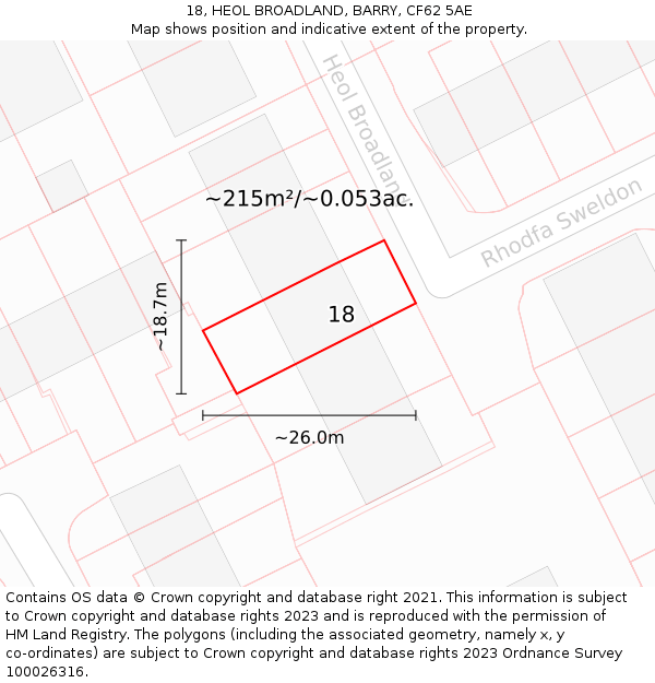 18, HEOL BROADLAND, BARRY, CF62 5AE: Plot and title map