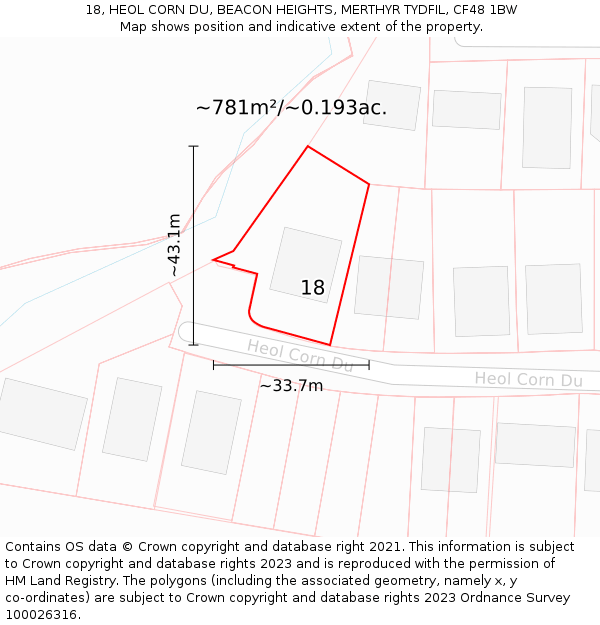 18, HEOL CORN DU, BEACON HEIGHTS, MERTHYR TYDFIL, CF48 1BW: Plot and title map