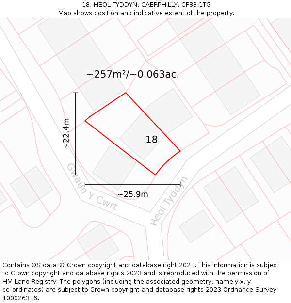 18, HEOL TYDDYN, CAERPHILLY, CF83 1TG: Plot and title map