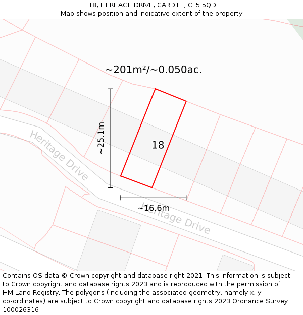 18, HERITAGE DRIVE, CARDIFF, CF5 5QD: Plot and title map