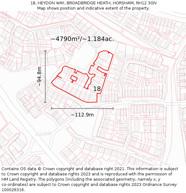 18, HEYDON WAY, BROADBRIDGE HEATH, HORSHAM, RH12 3GN: Plot and title map