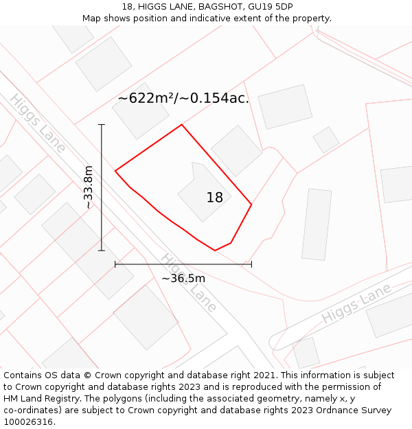 18, HIGGS LANE, BAGSHOT, GU19 5DP: Plot and title map