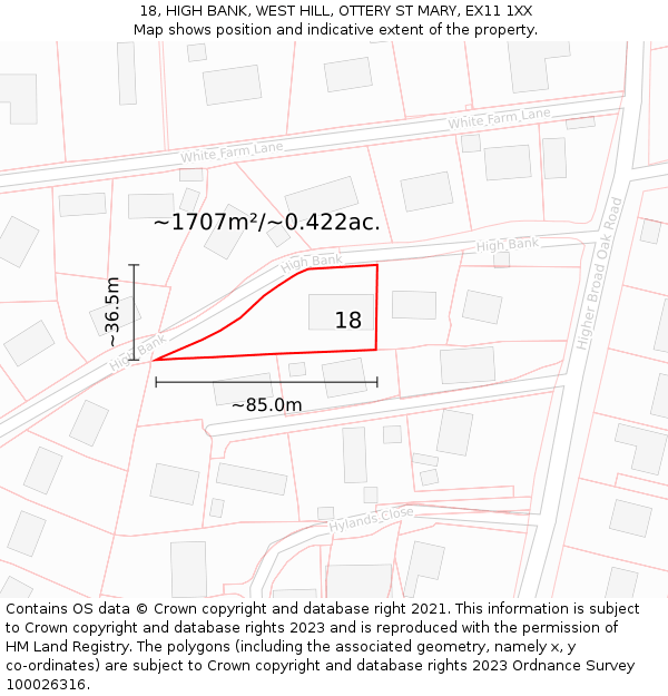 18, HIGH BANK, WEST HILL, OTTERY ST MARY, EX11 1XX: Plot and title map