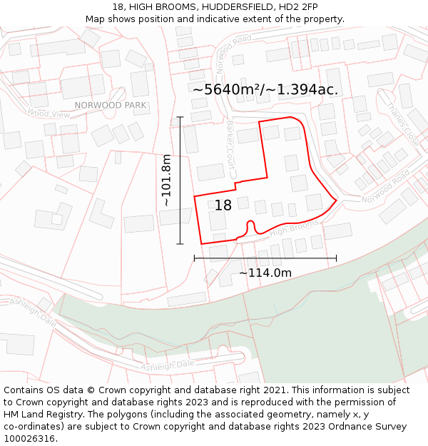 18, HIGH BROOMS, HUDDERSFIELD, HD2 2FP: Plot and title map