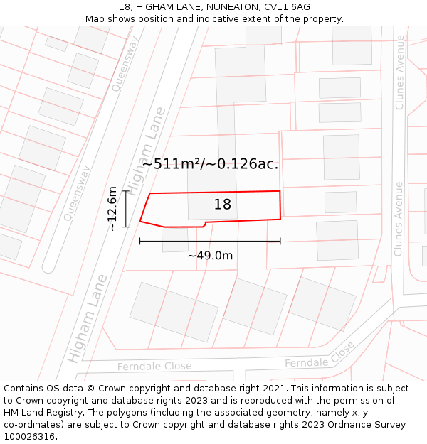 18, HIGHAM LANE, NUNEATON, CV11 6AG: Plot and title map