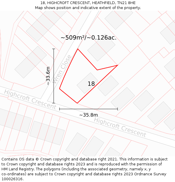 18, HIGHCROFT CRESCENT, HEATHFIELD, TN21 8HE: Plot and title map