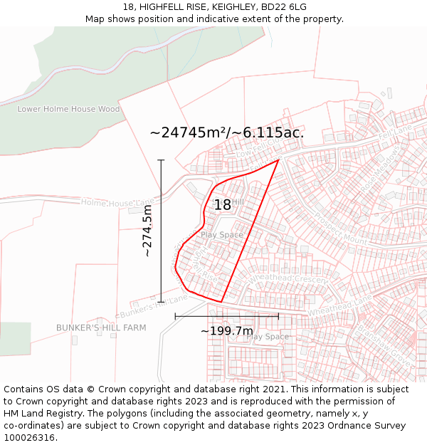 18, HIGHFELL RISE, KEIGHLEY, BD22 6LG: Plot and title map