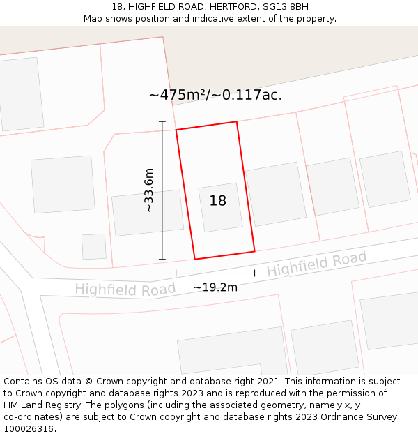 18, HIGHFIELD ROAD, HERTFORD, SG13 8BH: Plot and title map